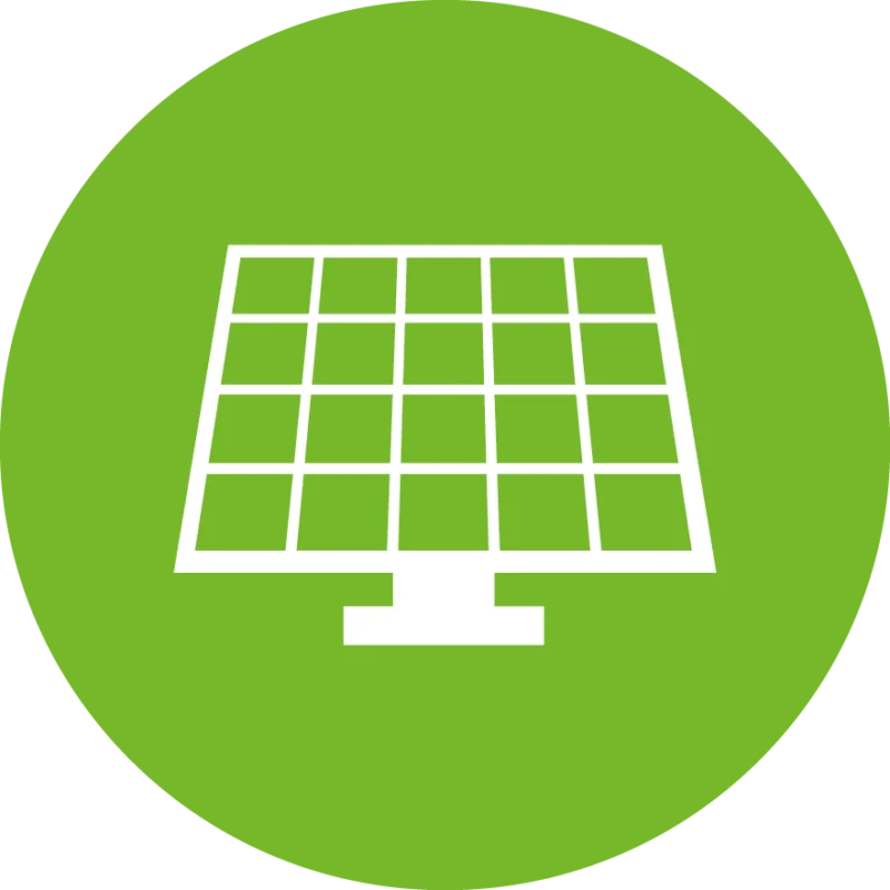 Weißes Piktogramm einer Solaranlage mit rechteckigem Solarpanel auf Standfuß vor grünem Kreis – Symbol für erneuerbare Energie und Solarstrom.